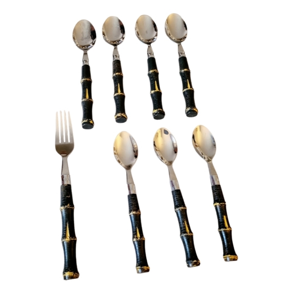 Vintage Dark Bamboo Handled Stainless Steele 8 pieces Flatware